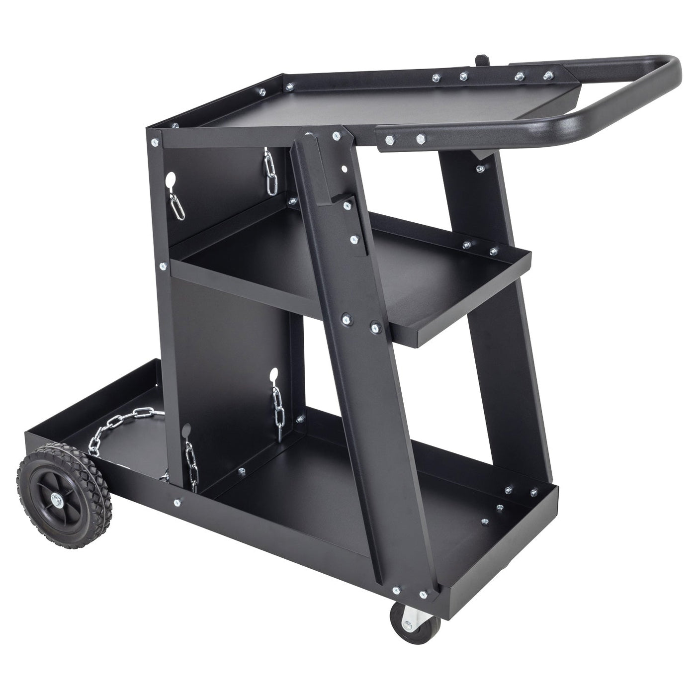 The SIP - 3 Tier Welding Cart - SIP-05714 is a heavy-duty, black utility cart with three shelves, featuring two large wheels at the rear and two small swivel casters at the front for easy mobility and convenient welding tool storage.