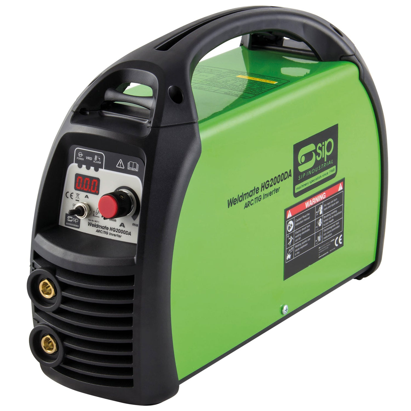 Introducing the SIP HG2001DA ARC Inverter Welder (Model: SIP-05715) by SIP, featuring a digital display, control knobs, warning label, and a carrying handle. This lightweight and compact design is perfect for welding tasks and is generator-friendly for added versatility.