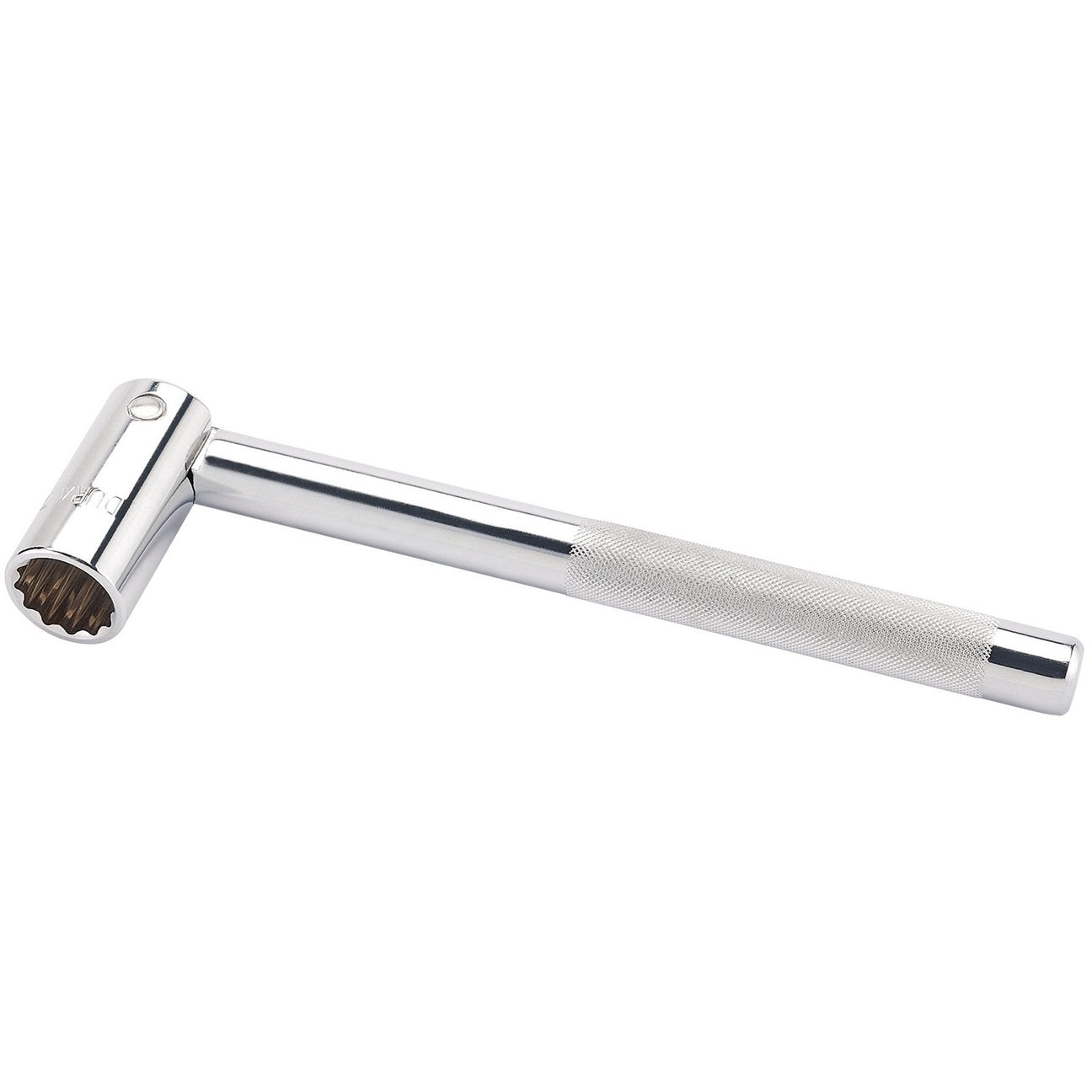 The Draper Whitworth Scaffolders Spanner, 7/16" - SCAFS features a chrome-plated T-handle with knurling on the grip and a bi-hexagon socket head for enhanced grip and precision.