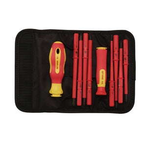 The Draper Xp1000® VDE Interchangeable Blade Screwdriver Set (10 Piece) - 965I/10 by Draper features a yellow and red ergonomic soft grip handle, an additional yellow and red handled tool, and seven VDE interchangeable blades, all conveniently stored in a black carrying case.