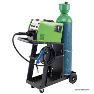 The SIP AUTOPLUS ECO 200 MIG/ARC Inverter Welder, displayed in green and mounted on a black SIP 3-Tier Welding Cart, features an attachment option for a blue gas cylinder. Note: Cylinder not included. Ideal for automotive environments.