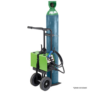 SIP AUTOPLUS ECO 200 MIG/ARC Inverter Welder with SIP Large Cylinder Welding Trolley (IP-05723TROLLEY) features a hose attached to a green rectangular device on wheels. It is perfect for MIG/ARC welding in automotive environments. Note: Cylinder not included.