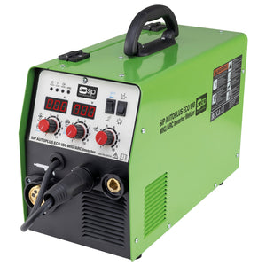 The SIP AUTOPLUS ECO 180 MIG/ARC Inverter Welder (IP-05724) from SIP is a green unit with a black handle and control panel. It features digital displays and adjustment knobs, making it perfect for MIG and ARC welding in automotive environments.