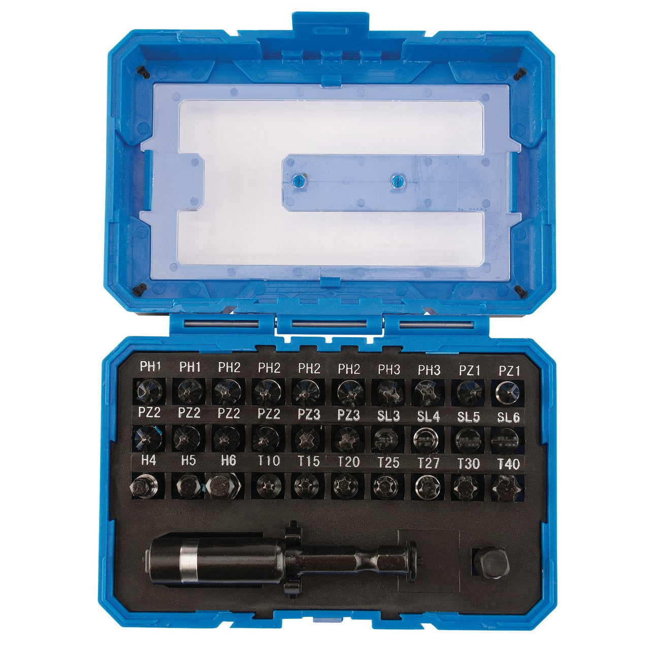 A Draper Impact Screwdriver Bit Set (32 Piece) – IMBH32, featuring a blue plastic case with various interchangeable screwdriver bits, a black handle, and a magnetic bit holder.