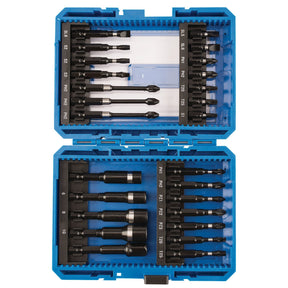 The Draper Impact Screwdriver Bit Set (26 Piece) - IMBH26, housed in a blue plastic case, opens to reveal an assortment of various screwdriver bits and attachments. These include hex impact screwdriver bit sets and magnetic nut-drivers, all neatly organized in labeled compartments. Each tool is crafted from durable S2 steel for enhanced performance.