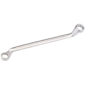 The Draper Elora Deep Crank Imperial Ring Spanner, 11/16 X 3/4" - 110A-11/16x3/4, features double-ended chrome vanadium steel construction with ring ends and an offset design, providing better access to bolts and nuts in tight spaces. This tool conforms to DIN 838/ISO 3318 standards.