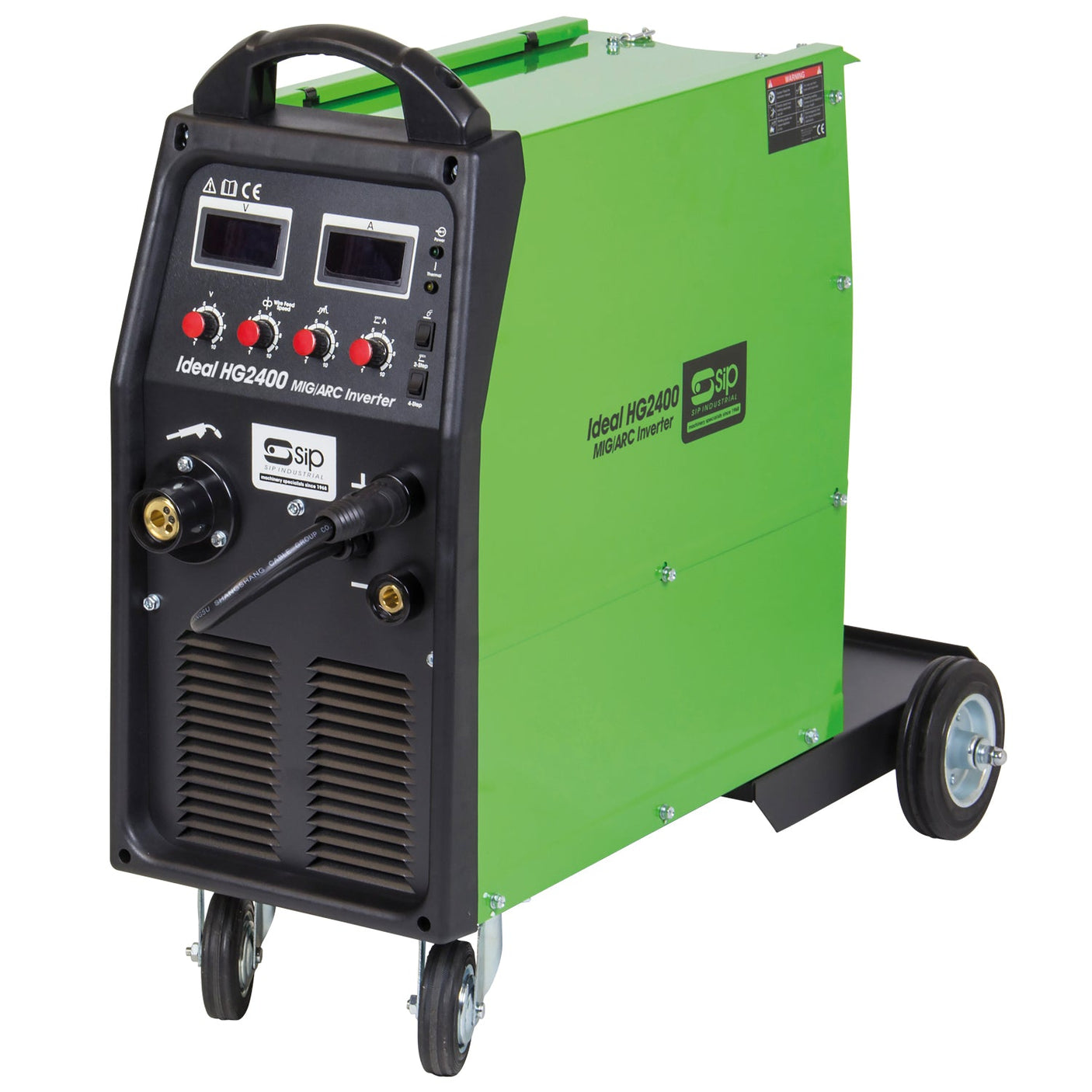 A green and black welding machine with digital displays, control knobs, and connection ports, mounted on wheels for mobility. Labeled as the "SIP HG2400 COMPACT MIG Inverter Welder - SIP-05769" by the brand SIP, it features a heavy-duty wire feed system for professional-grade performance.