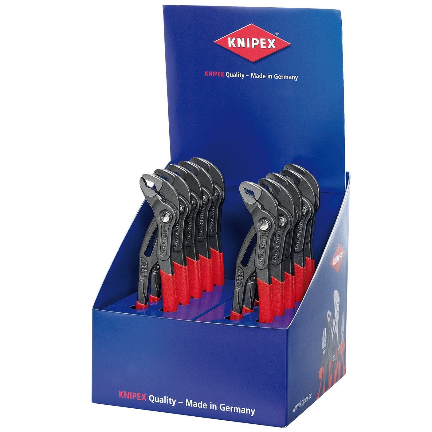 Countertop display box of Draper Knipex Cobra Waterpump Pliers, featuring 10 professional quality pliers each 250mm in size with red handles, labeled "Made in Germany" on a blue background.