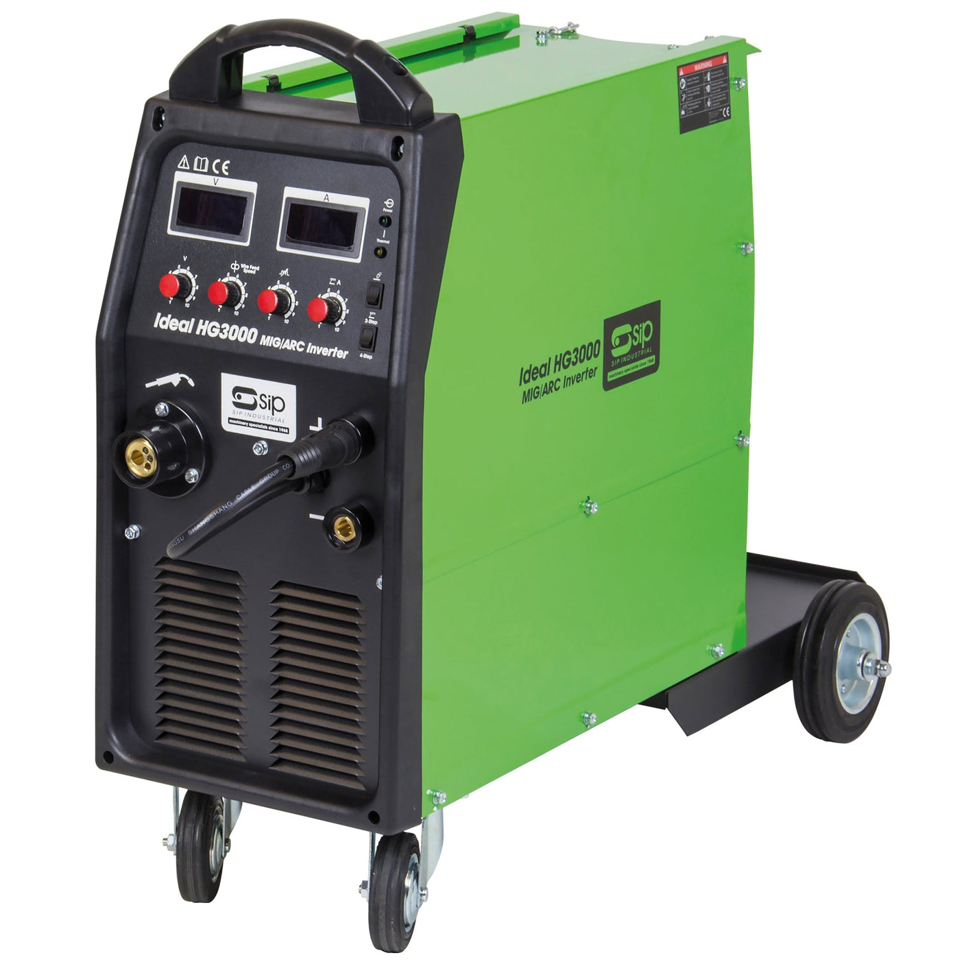 The SIP HG3000 COMPACT MIG Inverter Welder (model SIP-05772) incorporates heavy-duty characteristics and IGBT inverter technology, along with digital displays and controls, plus wheels for enhanced mobility.