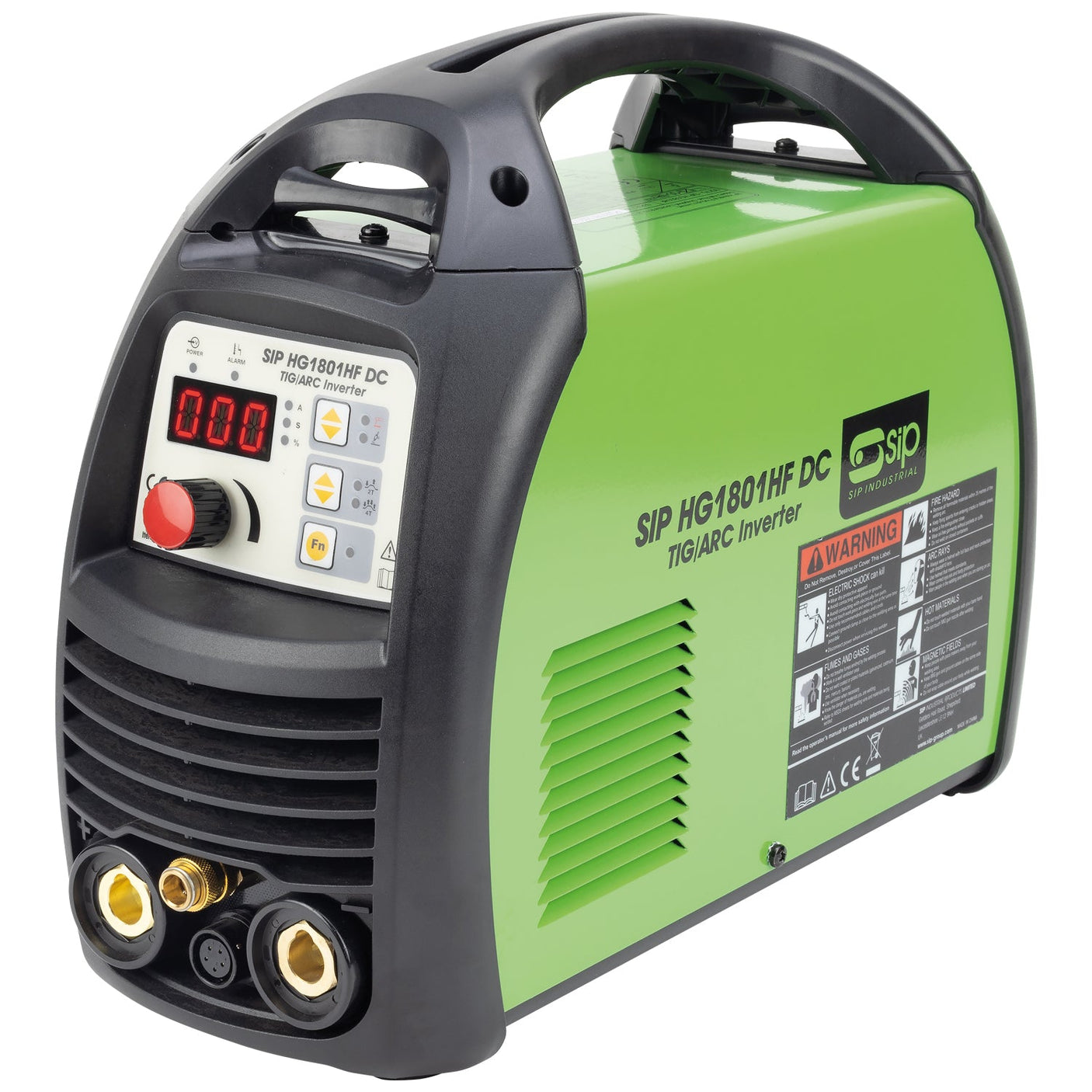 Close-up of a green SIP - HG1801HF DC TIG/ARC Inverter Welder (SIP-05775) with a digital display, control panel, and connectors on the front. A warning label is visible on the side. Featuring advanced IGBT inverter technology for enhanced performance from the trusted brand SIP.