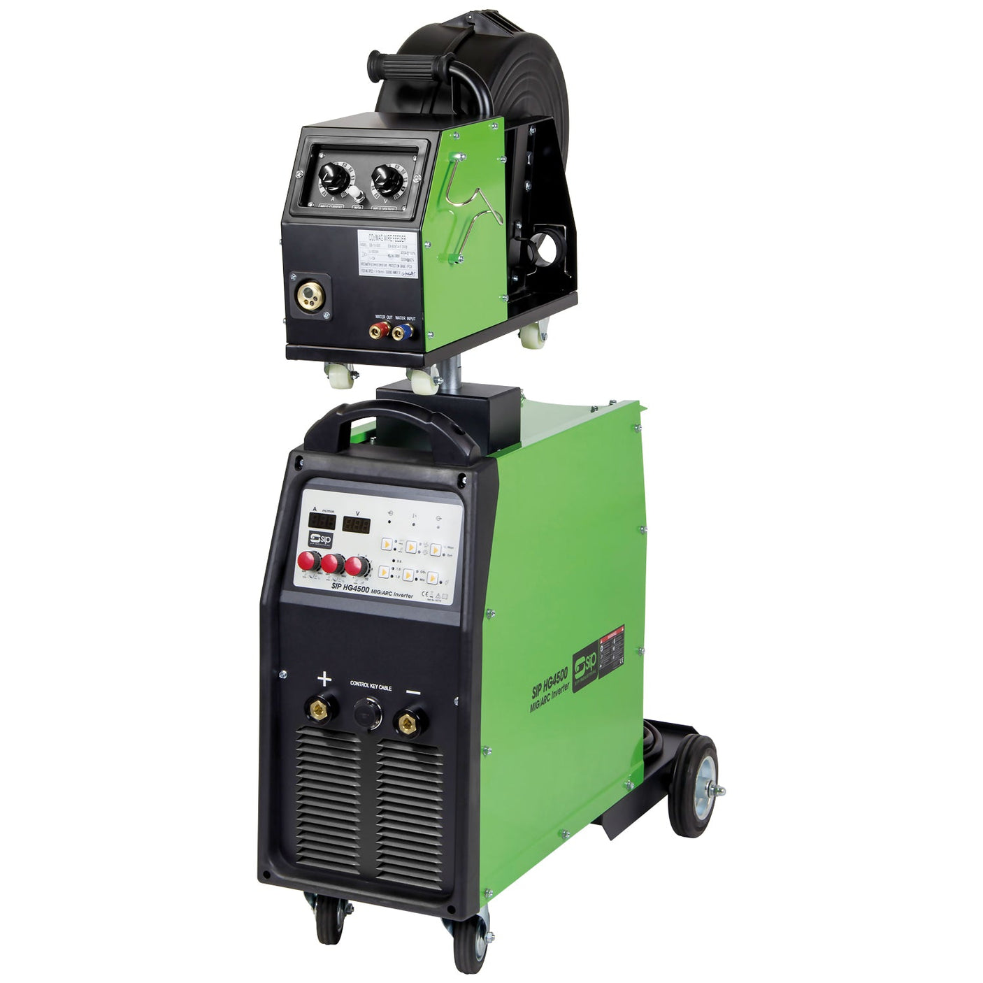 A SIP - HG4500 MIG Inverter Welder with SWF, model SIP-05776, featuring a green exterior, wheels for easy mobility, control panels, gauges, a spool holder on top, and a separate wire feed for precision welding tasks.