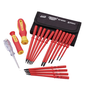 A set of Draper Xp1000® VDE Interchangeable Blade Screwdrivers (18 Piece) - 965I/18, featuring red ergonomic handles, a clear-handled tester, and a black carrying pouch displaying the 'Draper' brand logo. Ideal for electrical applications.