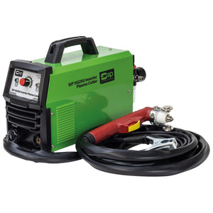 A green SIP HG250 Inverter Plasma Cutter (Model: IP-05782) from SIP, featuring a control panel, carrying handle, and coiled black and red cables attached. This efficient machine boasts an impressive cutting capacity, making it ideal for working on mild steel projects.