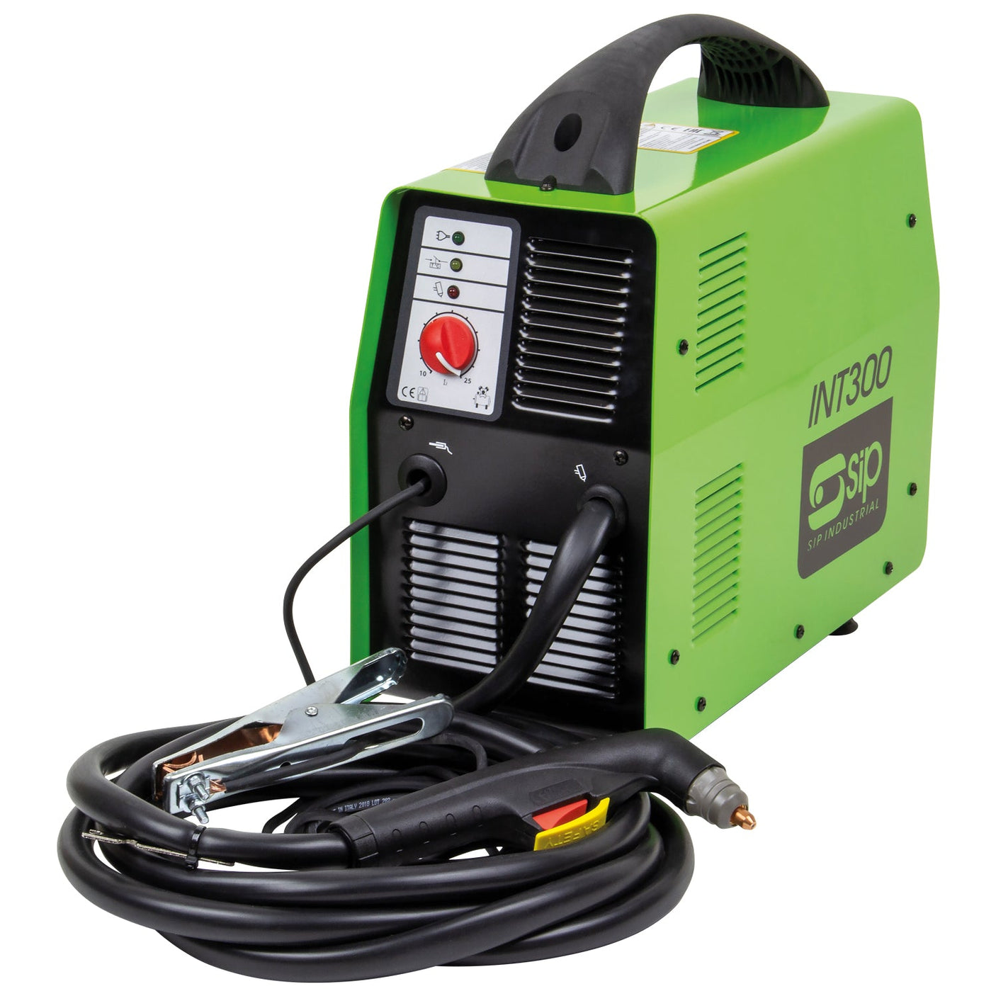 A SIP - INT300 Inverter Plasma with Internal Compressor (Model: SIP-05783) in green and black, featuring connected cables, a welding torch, and an internal compressor for efficient and portable cutting.