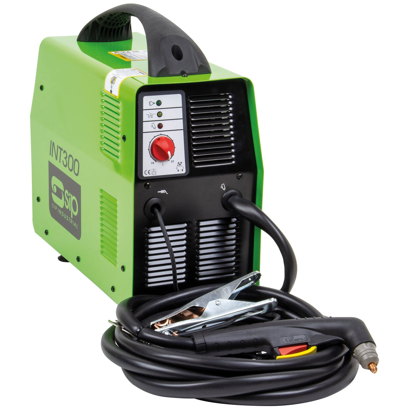 A green and black welding machine labeled "SIP - INT300 Inverter Plasma with Internal Compressor - SIP-05783" with attached cables and metal clamps.