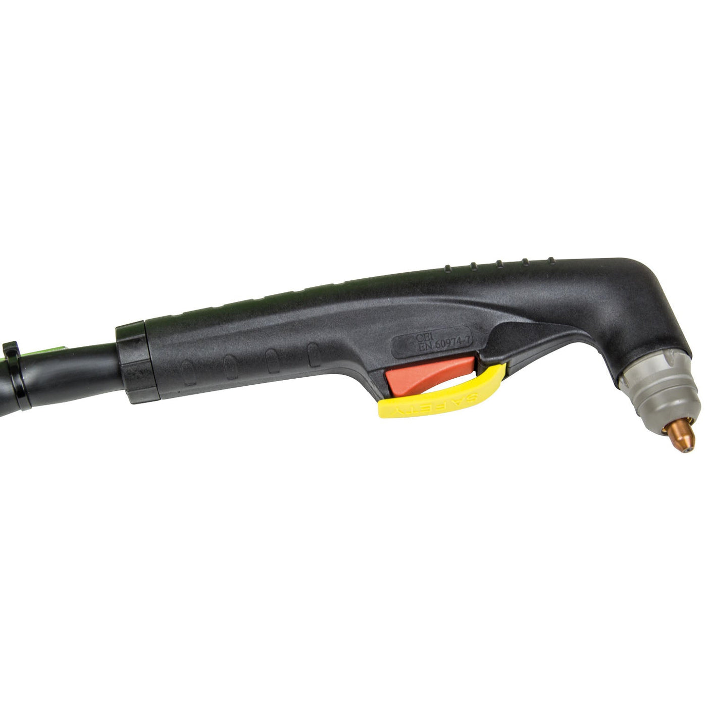 The SIP - INT300 Inverter Plasma with Internal Compressor (model SIP-05783) from SIP is a portable cutting tool featuring a black plasma cutter torch with a copper nozzle, yellow safety latch, and red trigger. It is ideal for slicing through metal with precision.