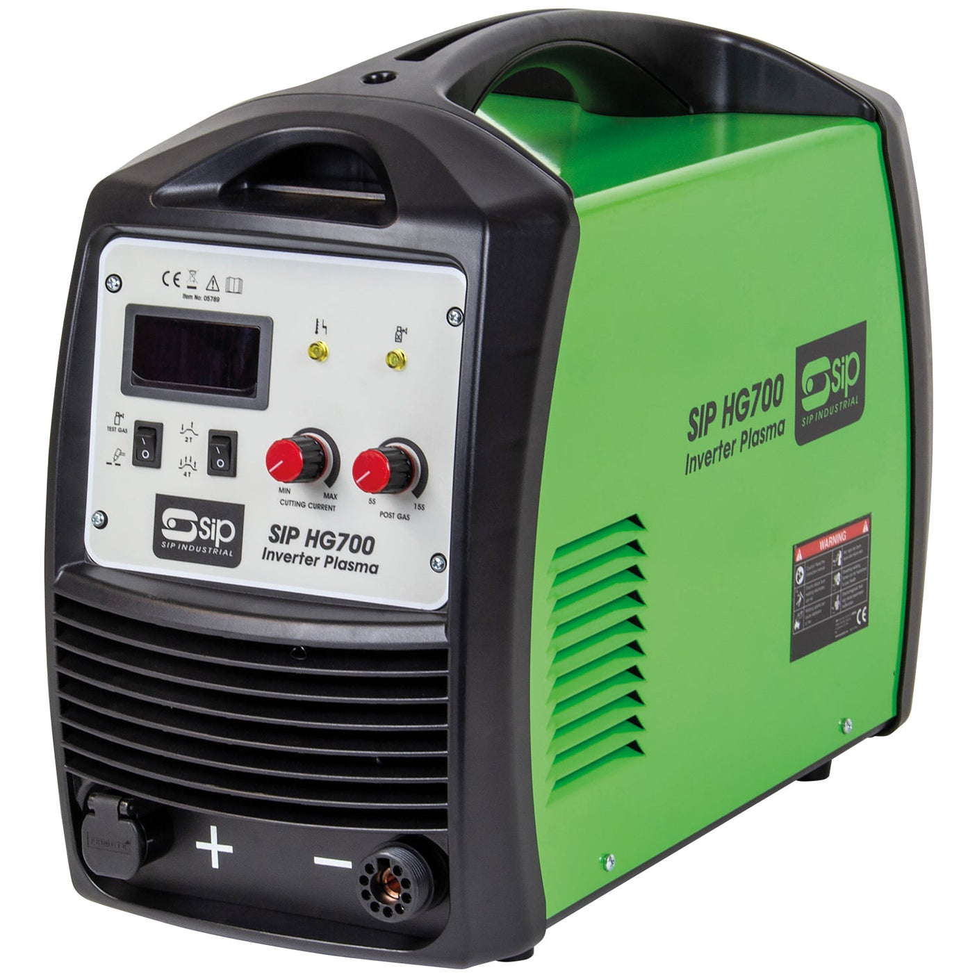 A SIP - HG700 Inverter Plasma Cutter - SIP-05789 with green and black accents features control knobs, a digital display, and various connection ports. The branding and model number are clearly visible on the front panel, ensuring efficient cutting of conductive materials with its high duty cycle capabilities.