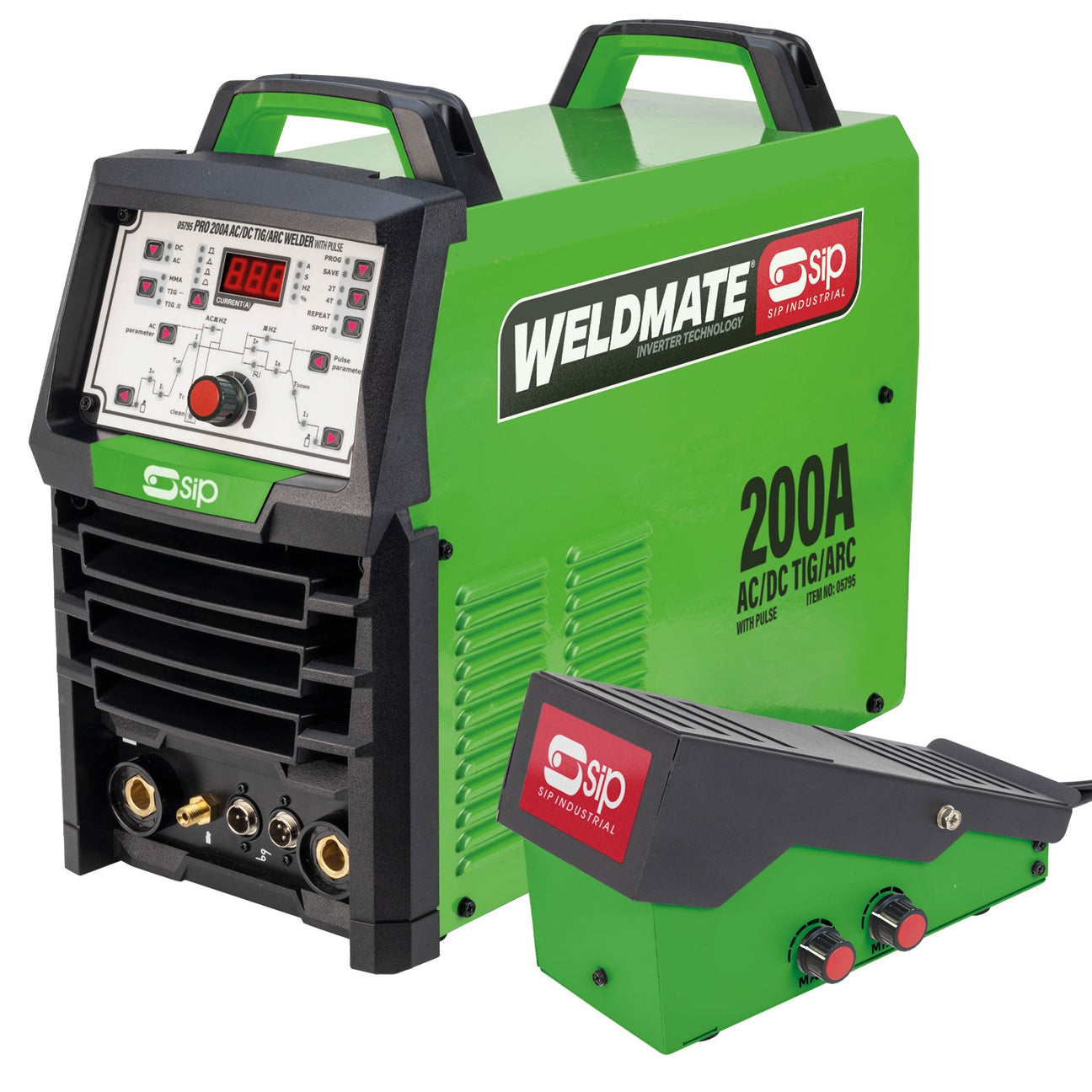 A SIP PRO 200A AC/DC TIG/ARC Welder with Pulse Package (IP-05795PEDAL), featuring a green finish, a control panel, pulse functionality, and an accompanying black foot pedal, ideal for professional applications.