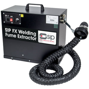 The SIP - FX Portable Welding Fume Extractor, model SIP-05800, features a robust black metal body, a convenient carrying handle on top, a power switch, and an adjustable extraction hose designed for heavy-duty filtration.