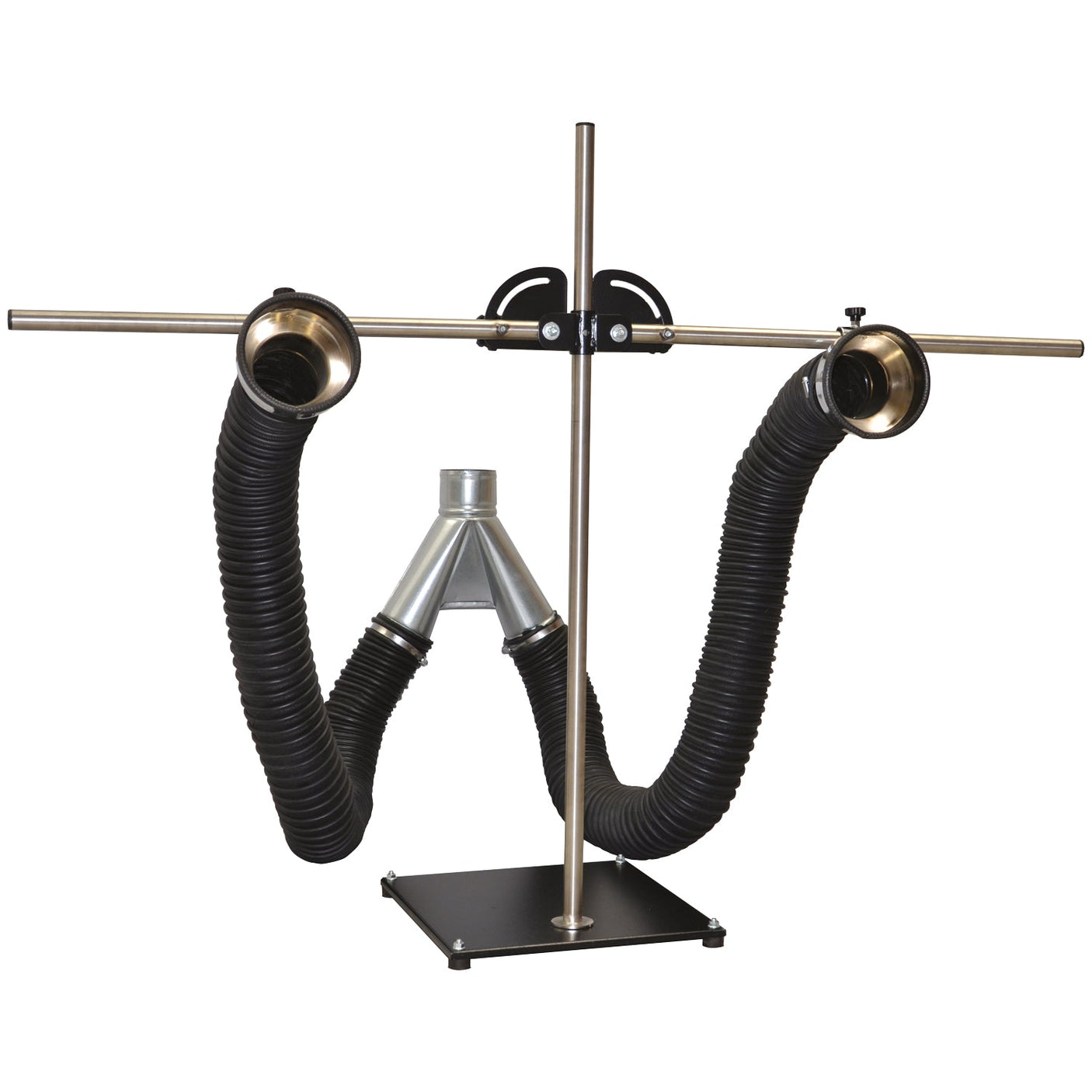 A metal laboratory fume extractor with two flexible black hoses and a central exhaust connector mounted on a metal stand, utilizing the SIP AER ELEMAX 100mm Twin Exhaust Y-Coupler (SIP-05833) for efficient enclosed space gas extraction.