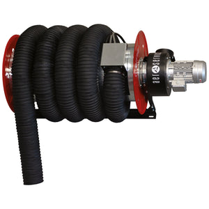 A SIP AER ARHV 230v Wall-Mount 150mm Hose Reel & Fan (SIP-05845), featuring a coiled black TGA Anti-Crush hose, is attached to red circular mounts and includes a metallic motorized device adorned with the "Guil" logo.