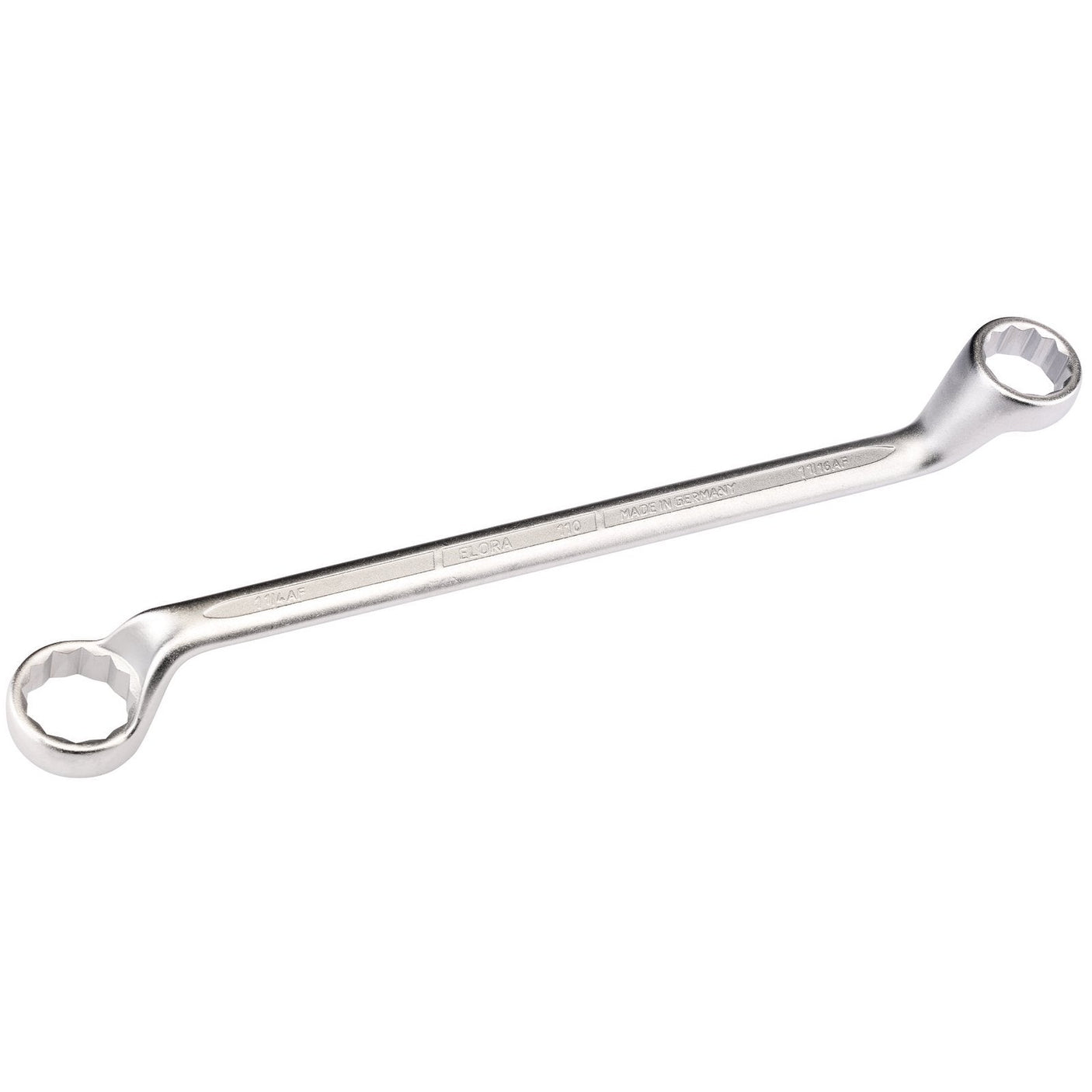 The Draper Elora Deep Crank Imperial Ring Spanner, 1.1/16 x 1.1/4" (110A-1.1/16x1.1), made by Draper, is a double-box end wrench constructed from durable chrome vanadium steel, featuring different-sized rings with bi-hexagon profiles on each end, ideal for tightening or loosening nuts and bolts.