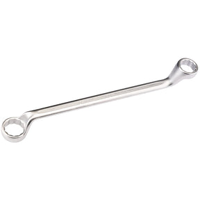 The Draper Elora Deep Crank Imperial Ring Spanner, 1.1/16 x 1.1/4" (110A-1.1/16x1.1), made by Draper, is a double-box end wrench constructed from durable chrome vanadium steel, featuring different-sized rings with bi-hexagon profiles on each end, ideal for tightening or loosening nuts and bolts.