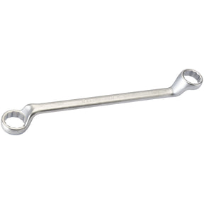 The Draper Elora Deep Crank Imperial Ring Spanner, 1.1/4 X 1.7/16" - 110A-1.1/4x1.7/, a high-quality product from Draper, features bi-hexagon profiles and circular heads on both ends, and is constructed from durable chrome vanadium steel to meet DIN 838/ISO 3318 standards.