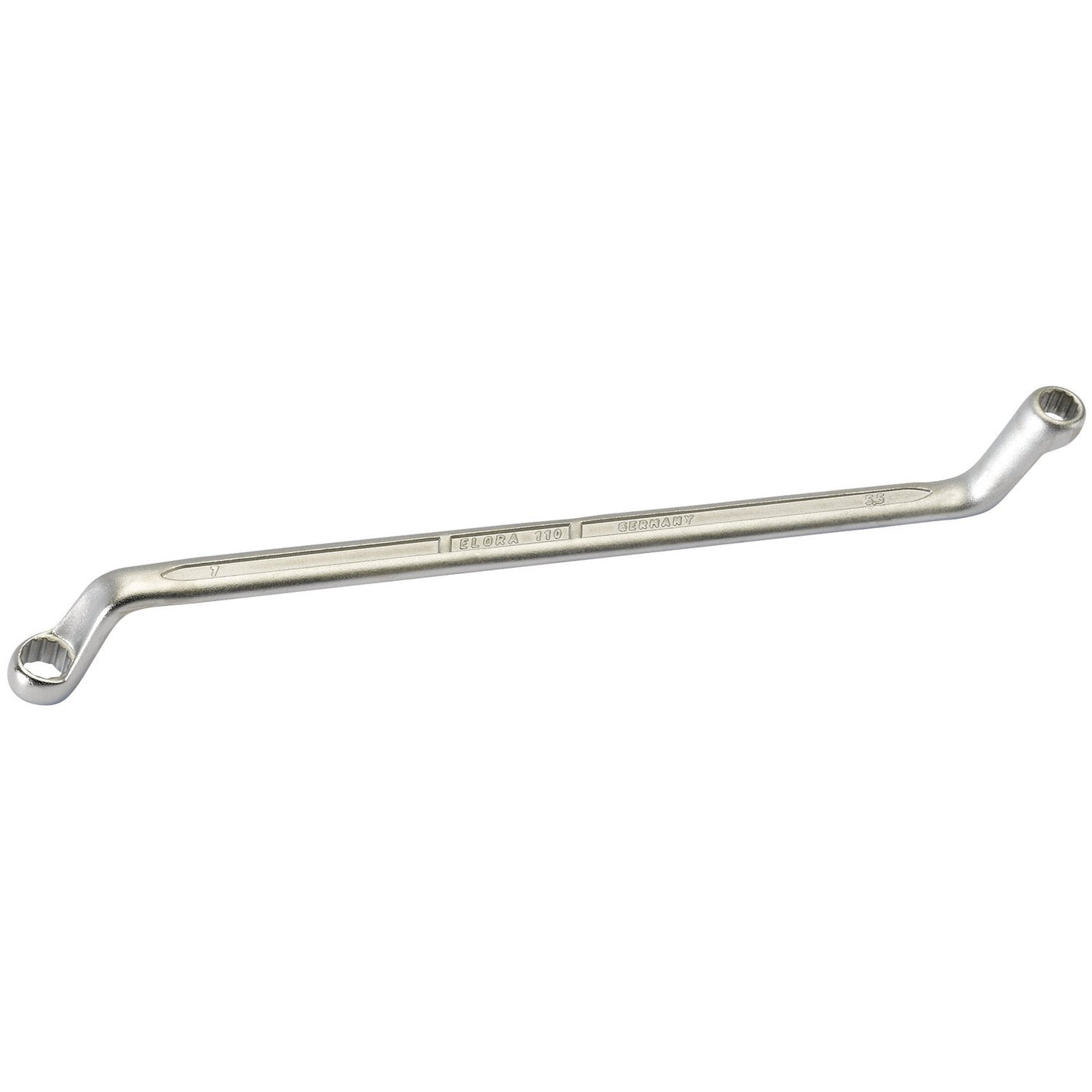 The Draper Elora Deep Crank Metric Ring Spanner, 5.5 X 7mm - 110-5,5x7 features a slight angle at each end and is crafted from durable chrome vanadium steel for enhanced strength and corrosion protection.