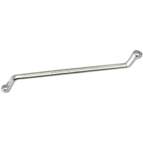 The Draper Elora Deep Crank Metric Ring Spanner, 6 X 7mm - 110-6x7, features a double-ended offset design with a chrome finish. It is crafted from durable chrome vanadium steel, and each ring end has a bi-hexagon profile for superior gripping and turning of nuts and bolts.