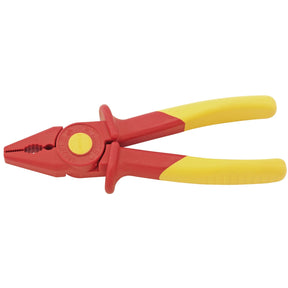 The Draper Knipex Fully Insulated 's' Range Soft Grip Flat Nose Pliers, 180mm - 98 62 01, feature a textured handle and pointed jaw in red and yellow colors, specifically designed for electrical work and live line working.