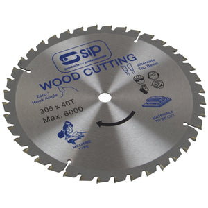 The SIP - 305mm x 30mm TCT 40T Circular Saw Blade (SIP-06122) features a Tungsten Carbide Tipped design with 40 teeth, indicated by the specification: 305 x 40T, Max. 6000 RPM. It is compatible with SIP Circular Saws and designed for cutting various materials.