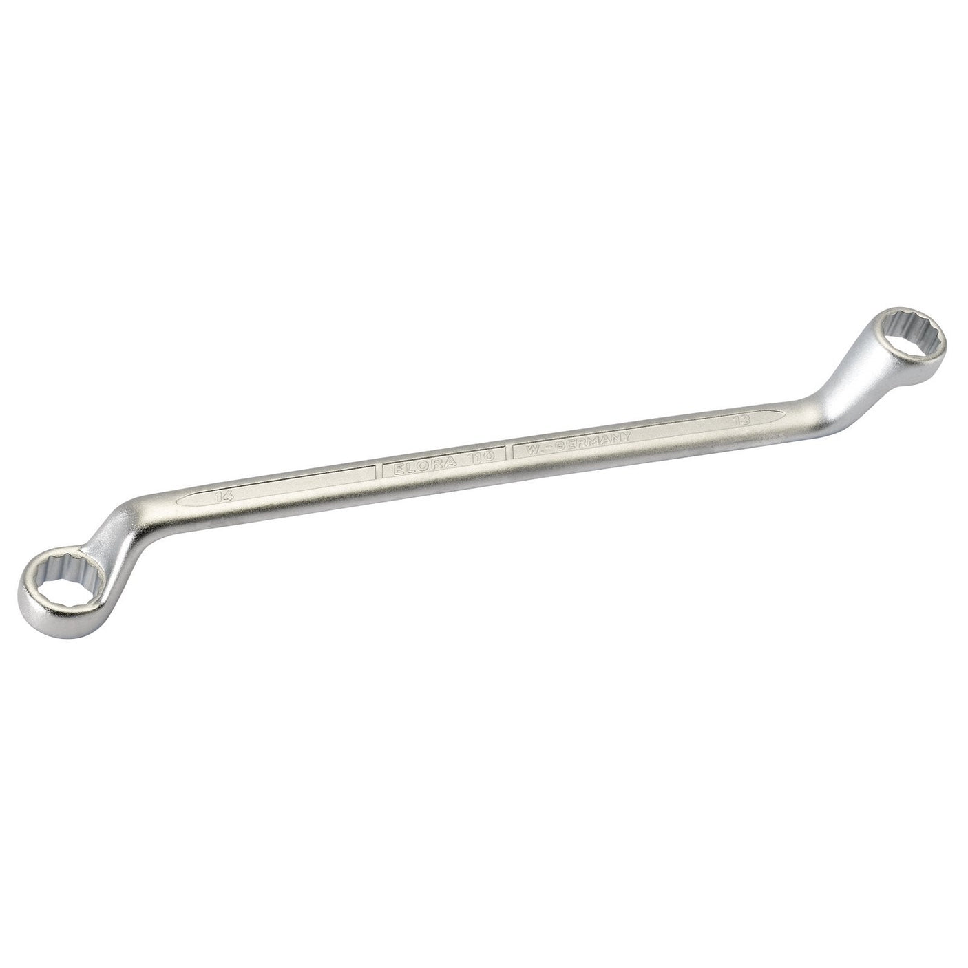 The Draper Elora Deep Crank Metric Ring Spanner, 13x14mm - 110-13x14, is a silver double box-end wrench with offset ends, crafted from chrome vanadium steel for superior durability and corrosion resistance, making it ideal for tightening and loosening bolts.