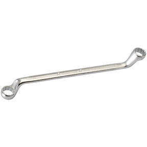 The Draper Elora Deep Crank Metric Ring Spanner, 55 X 60mm - 110-55x60, offers a polished metal finish with two offset box ends of different sizes and is crafted from durable chrome vanadium steel.