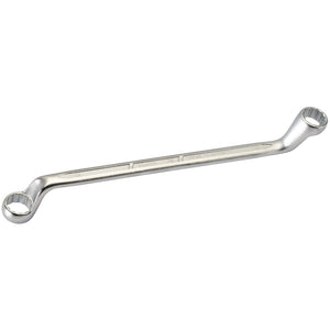 The Draper Elora Deep Crank Metric Ring Spanner, 55 X 60mm - 110-55x60, offers a polished metal finish with two offset box ends of different sizes and is crafted from durable chrome vanadium steel.