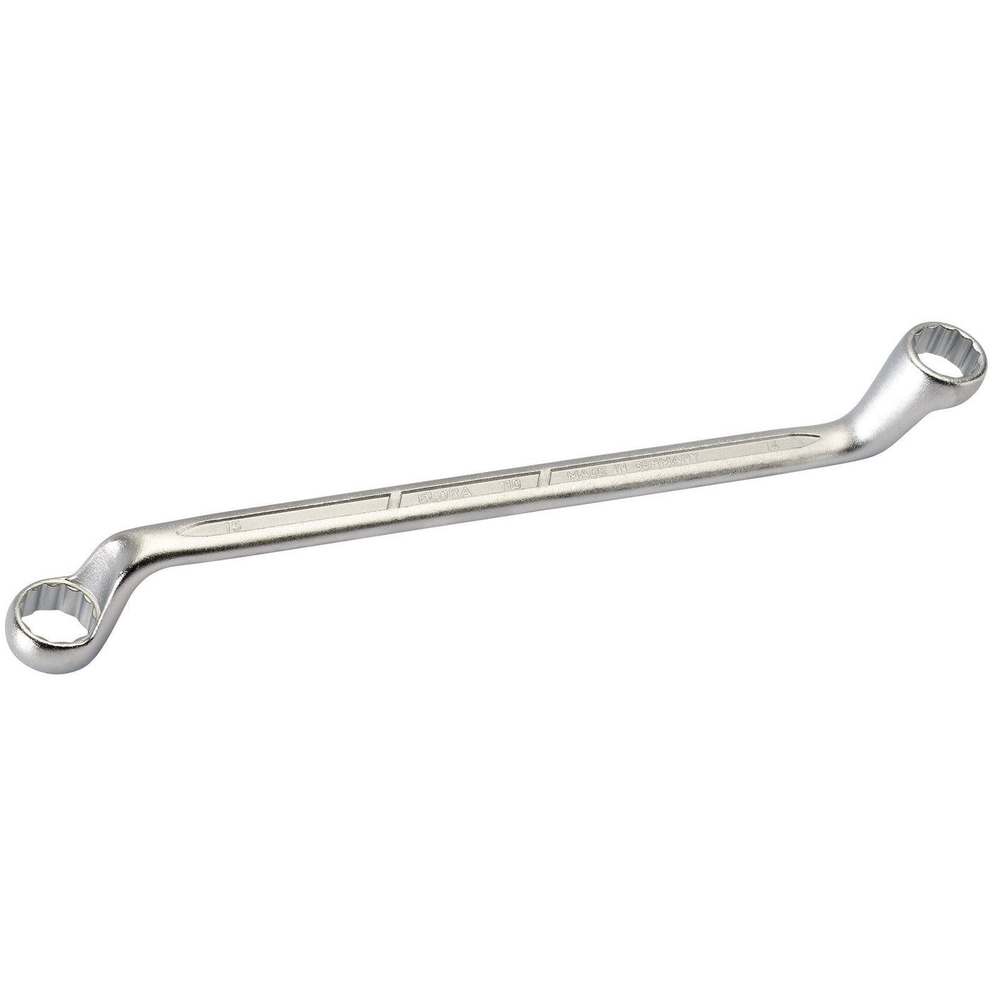 The Draper Elora Deep Crank Metric Ring Spanner, 14 X 15mm - 110-14x15, is a high-quality tool from Draper. It features slightly angled ends and is made from durable chrome vanadium steel for superior strength and corrosion resistance. This spanner conforms to DIN 838/ISO 3318 standards and is ideal for tightening or loosening nuts and bolts.