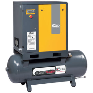 A SIP - RS11-10-500BD Rotary Screw Compressor (SIP-06200) from SIP showcases a grey and yellow design with a cylindrical tank positioned below the main unit. It features an IE3 motor for enhanced efficiency and has control buttons and labels on the front.