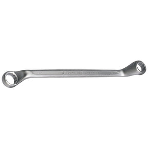 The Draper Elora Deep Crank Metric Ring Spanner, 16 X 17mm - 110-16x17, is a metallic double-ended box wrench crafted from chrome vanadium steel with engraved text. One end is labeled "17" and the other "16," meeting DIN 838/ISO 3318 standards for durability and precision.