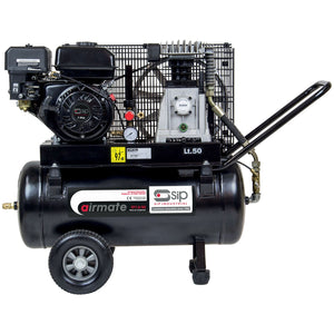 The SIP TP7/50 Belt Drive Petrol Compressor (model SIP-06217) features a 50-liter tank and a belt-driven system. Painted in black, it is mounted on two wheels with a handle for easy portability, with its model details and specifications clearly displayed on the front labels.