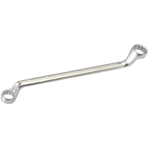 The Draper Elora Deep Crank Metric Ring Spanner, 17 X 19mm - 110-17x19, is a double-ended box-end wrench with one end slightly raised. Crafted from durable chrome vanadium steel, this tool features a slight bend near each end and complies with DIN 838 standards for added reliability. Its metallic surface ensures excellent corrosion protection for long-lasting use.