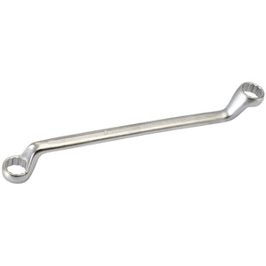 The Draper Elora Deep Crank Metric Ring Spanner (Product Number: 110-18x19) is a double box-end wrench with offset ends, featuring bi-hexagon profiles for a secure grip. Made from durable chrome vanadium steel and compliant with DIN 838/ISO 3318 standards, it includes two different sized closed-loop heads (18mm and 19mm) connected by a straight handle.