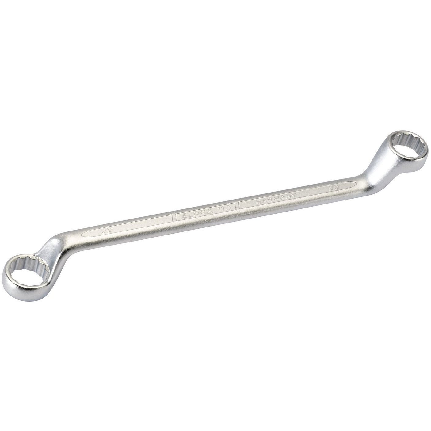 The Draper Elora Deep Crank Metric Ring Spanner, 20 X 22mm (110-20x22), features two closed-loop ends of different sizes. It is crafted from professional-quality chrome vanadium steel, offering excellent durability and corrosion protection for tightening or loosening nuts and bolts.