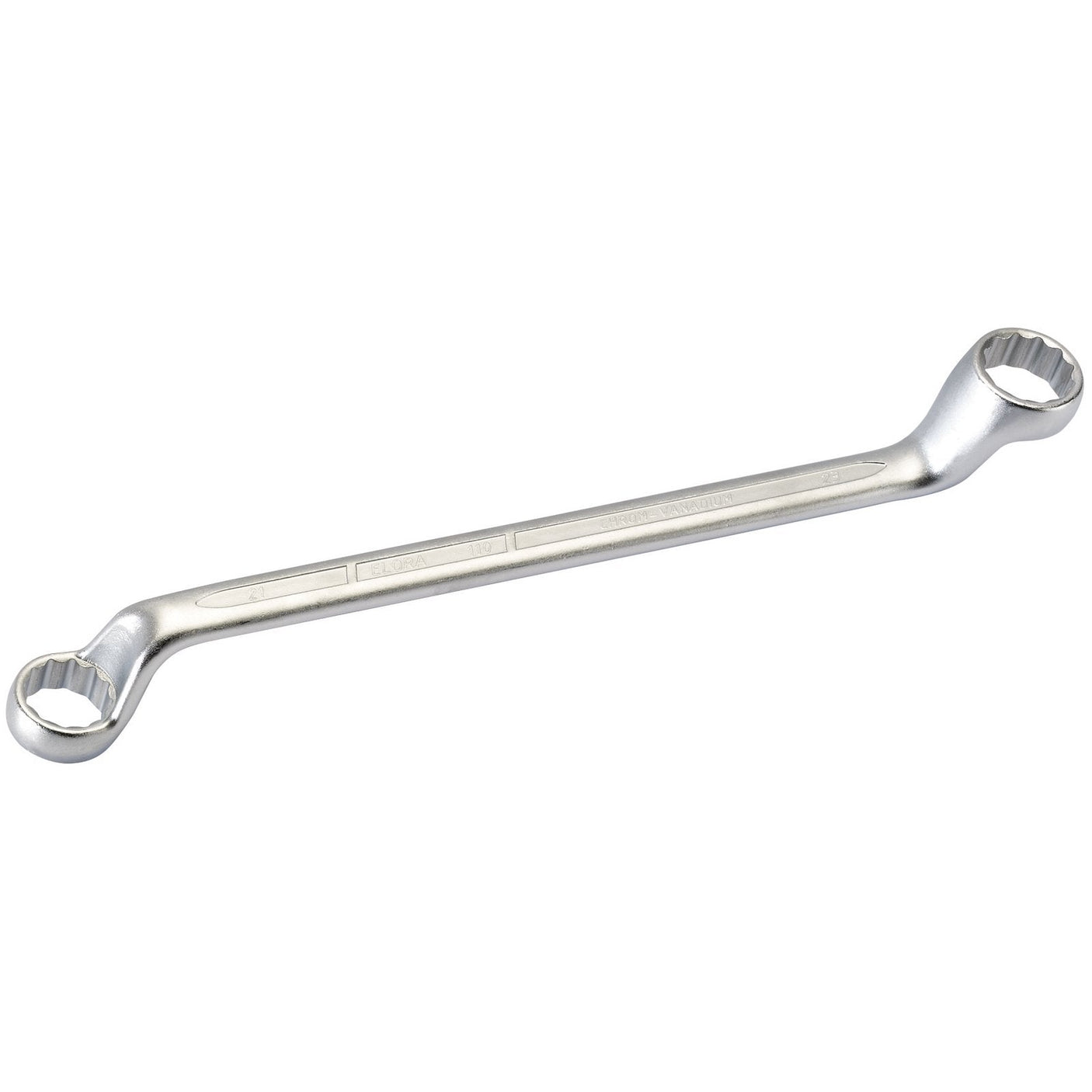 The Draper Elora Deep Crank Metric Ring Spanner, 21 X 23mm - 110-21x23, is a double-ended box wrench crafted from chrome vanadium steel for enhanced durability. It features 12-point sockets, a polished finish, and built-in corrosion protection. This tool conforms to DIN 838/ISO 3318 specifications.