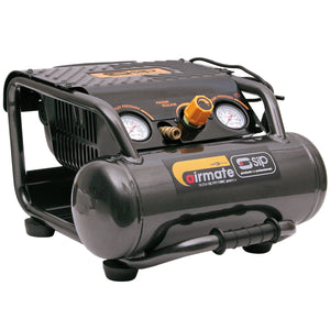 Introducing the SIP - 230v OL197/10RC Direct Drive Compressor - SIP-06254, an oil-free air compressor designed for a range of pneumatic tasks such as tire inflation, cleaning, nailing, and stapling. This lightweight black compressor from SIP features two pressure gauges, a yellow pressure control knob, and a metallic handle on top for easy portability.