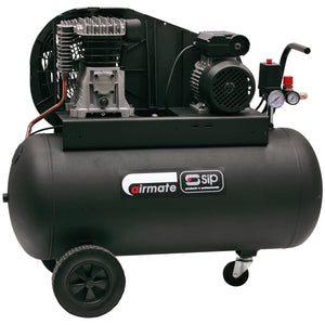 The SIP - TN3/100-SRB Belt Drive Compressor (SIP-06260) is a black, oil-lubricated unit enhanced with a pressure gauge, motor, and two wheels for easy mobility. The "SIP Airmate" label adorns the tank of this wheel-mounted design, ensuring dry air output and convenient transportation.