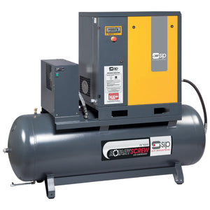 Image of the SIP - RS08-08-500BD/RD Rotary Screw Compressor (model SIP-06283A) from SIP, featuring a large horizontal tank and a control unit mounted on top. The unit is grey with yellow and red accents, equipped with an IE3 motor and various labels.