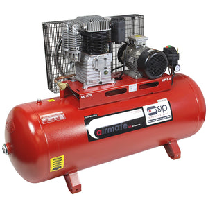 A red, oil-lubricated belt-driven air compressor showcasing a black motor and cooling fan atop its cylindrical tank. The labels proudly display "SIP" along with the full product name "SIP - ISBD55/270 Industrial Electric Compressor - SIP-06289," demonstrating its industrial-grade capabilities.