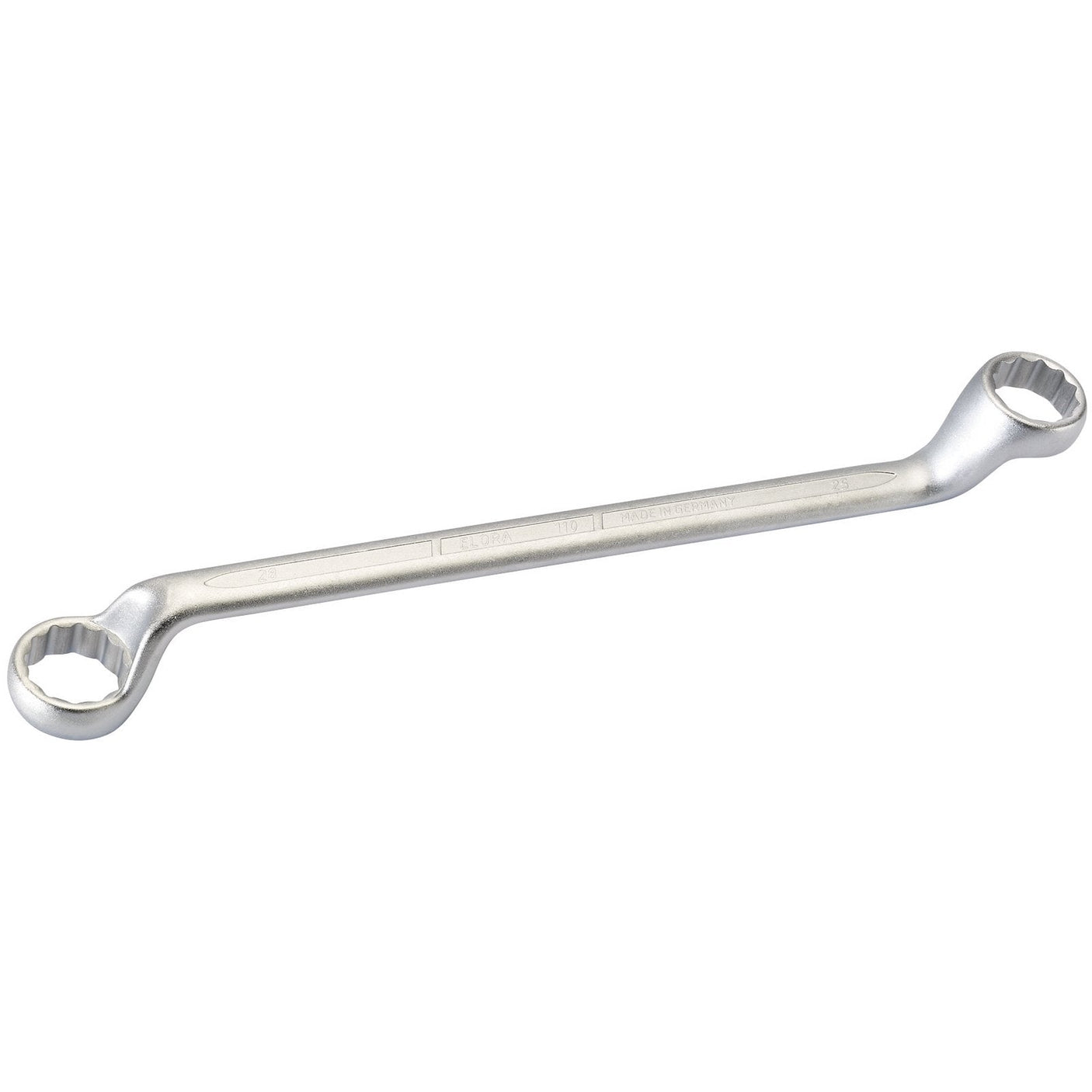 The Draper Elora Deep Crank Metric Ring Spanner, 25 X 28mm - 110-25x28 is a silver double-ended wrench made of durable chrome vanadium steel, featuring bi-hexagon profiles and two different sized ring-shaped heads. It is commonly used for loosening or tightening nuts and bolts and conforms to DIN 838/ISO 3318 standards.