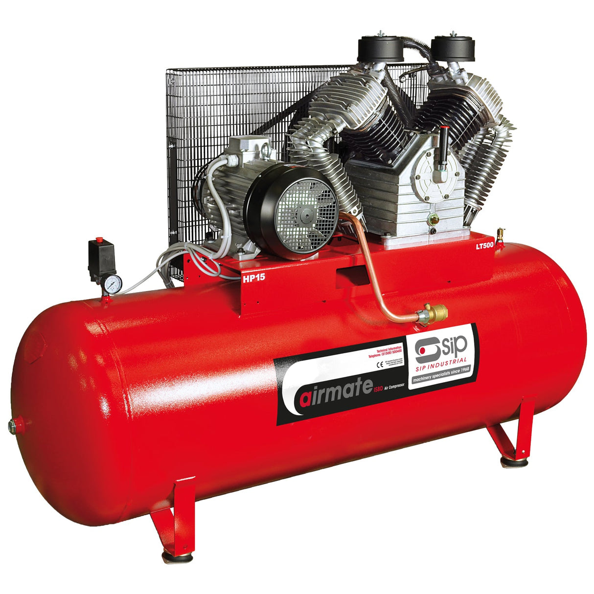 The SIP - ISBD15/500 Industrial Electric Compressor (SIP-06297) by SIP is a large, red, industrial-grade compressor with a black label. It features a cylindrical tank and dual piston pumps mounted on top, equipped with a heavy-duty pump designed for demanding tasks.