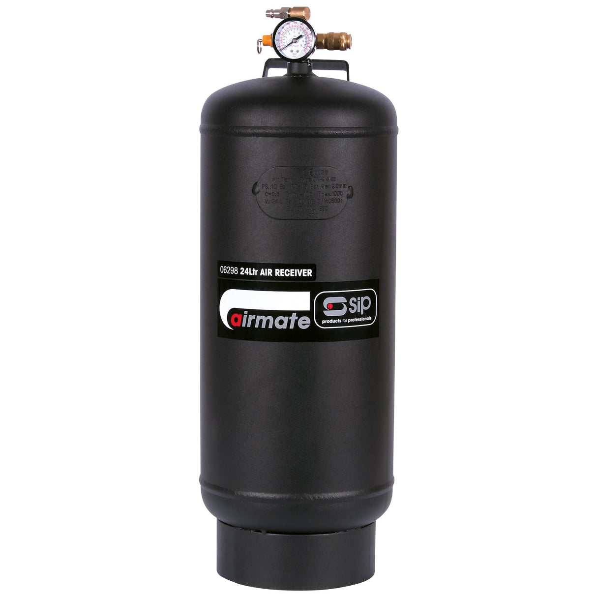 An SIP 24ltr Portable Air Receiver (model SIP-06298) from the SIP brand, featuring a vertical tank design and a pressure gauge on top.